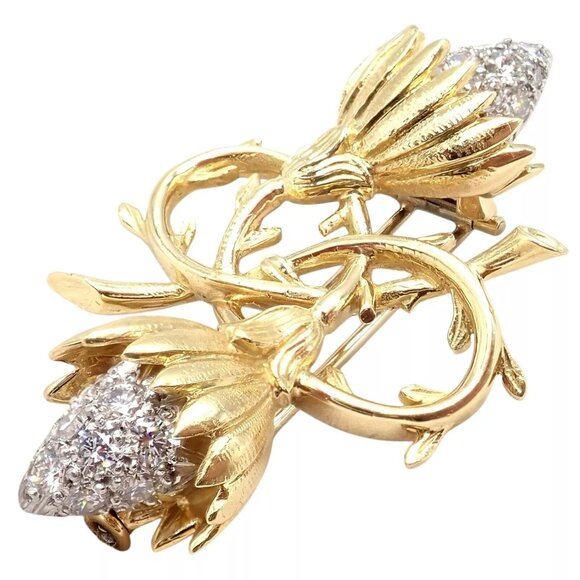 Authentic! Tiffany & Co Schlumberger 18k Yellow Gold Platinum Diamond Pin Brooch - Picture 7 of 14